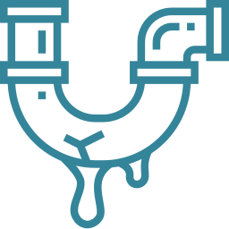 Blue outline of a leaking pipe with water dripping from the bottom of a U-bend.