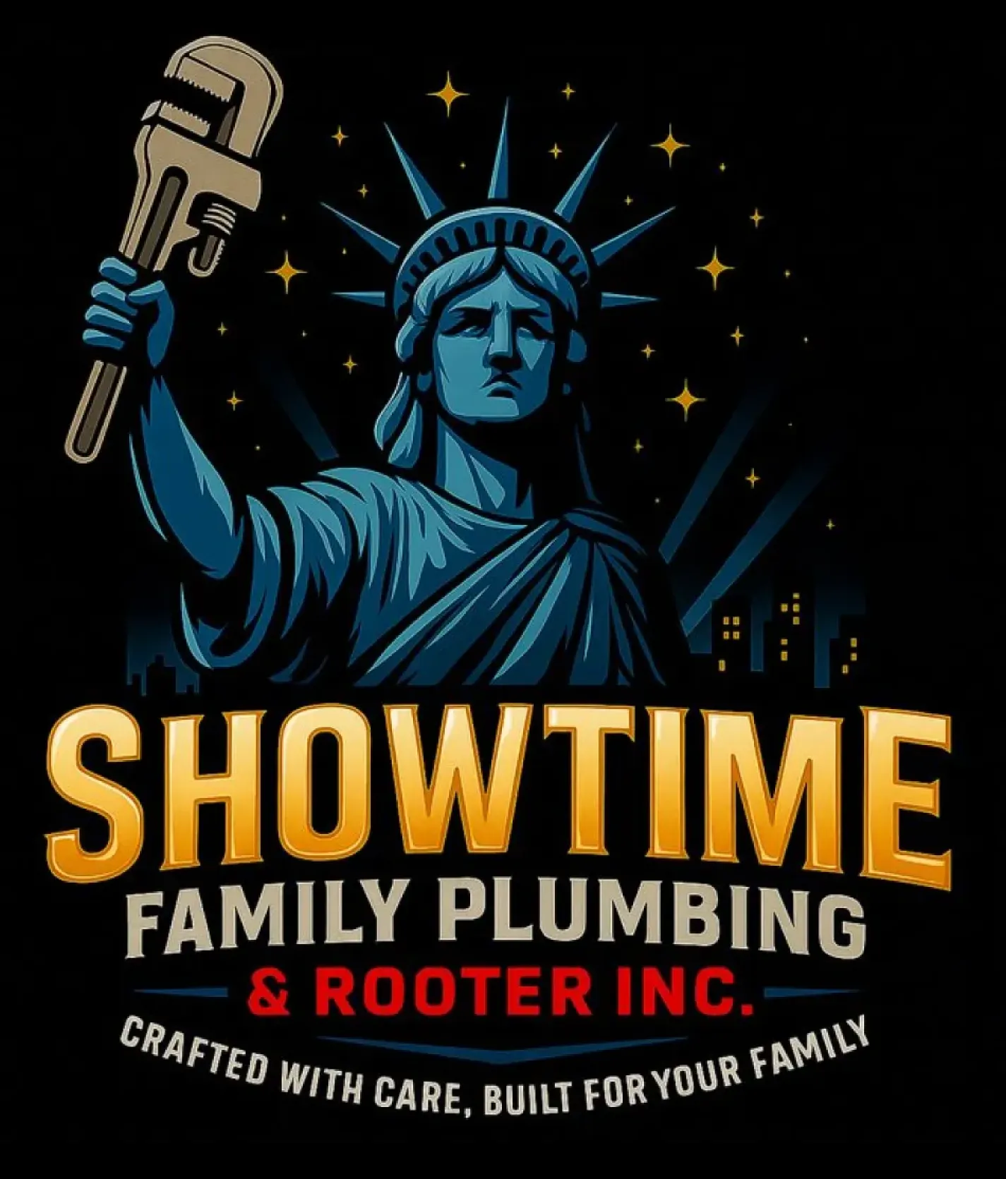 Statue of Liberty holding a pipe wrench above "Showtime Family Plumbing & Rooter Inc." text.
