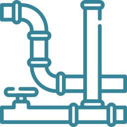Blue outline of water pipes with a valve and connecting joints on a light background.