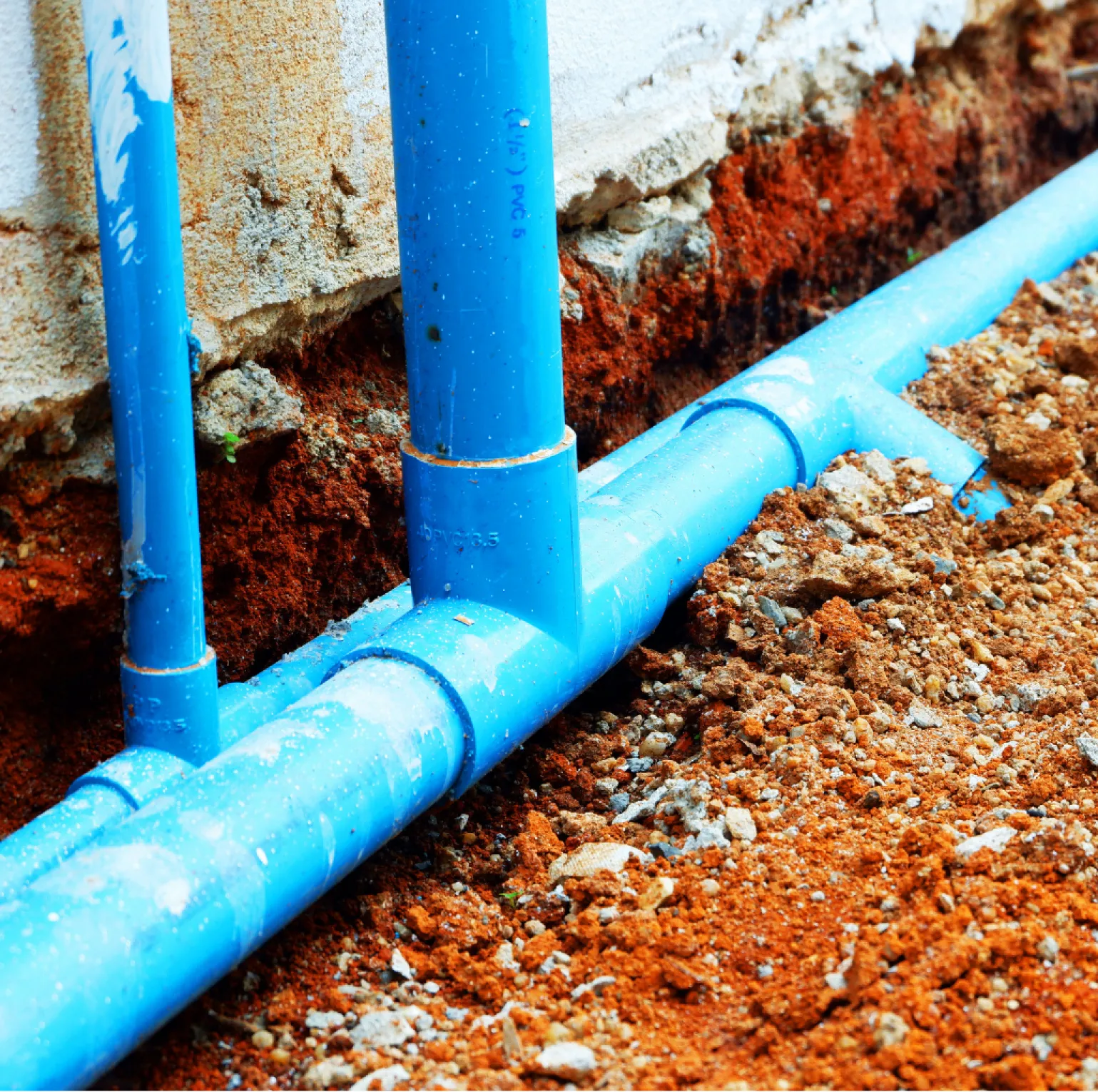 Blue PVC pipes installed along a dirt floor next to a wall, part of a plumbing or irrigation system.
