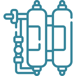 Line drawing of two connected industrial tanks with pipes and valves, representing a filtration or processing system.