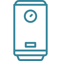 Blue outline icon of a vertical water heater or boiler with a round gauge and a rectangular panel.