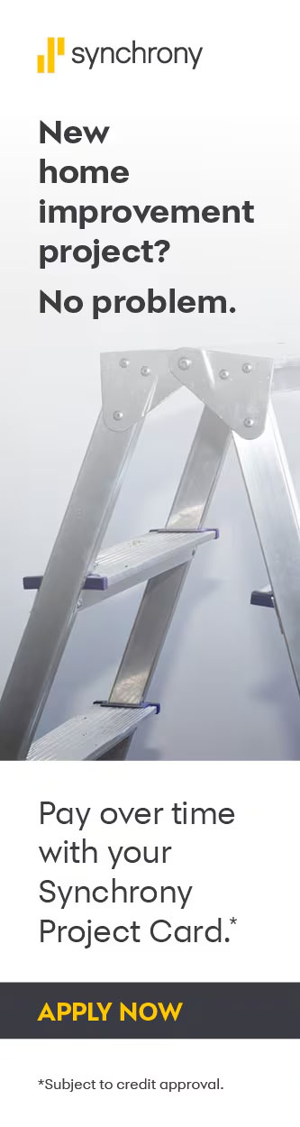 A metal ladder stands beneath text promoting Synchrony Project Card for home improvement financing.
